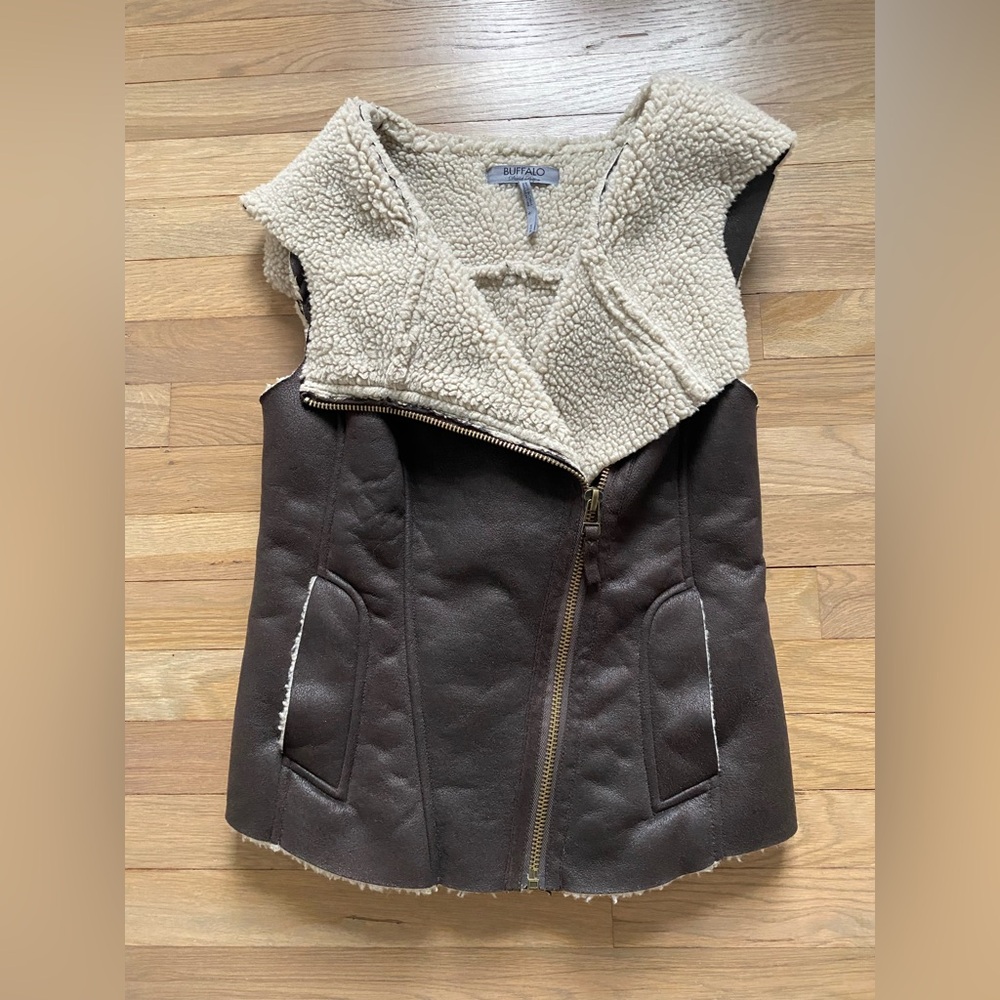 David Button Faux Shearling-Lined Brown hooded Zipper Vest size M Lagenlook Y2K